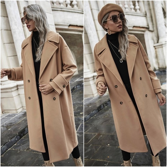 Jackets & Blazers - camel tan button long fall trench pea coat